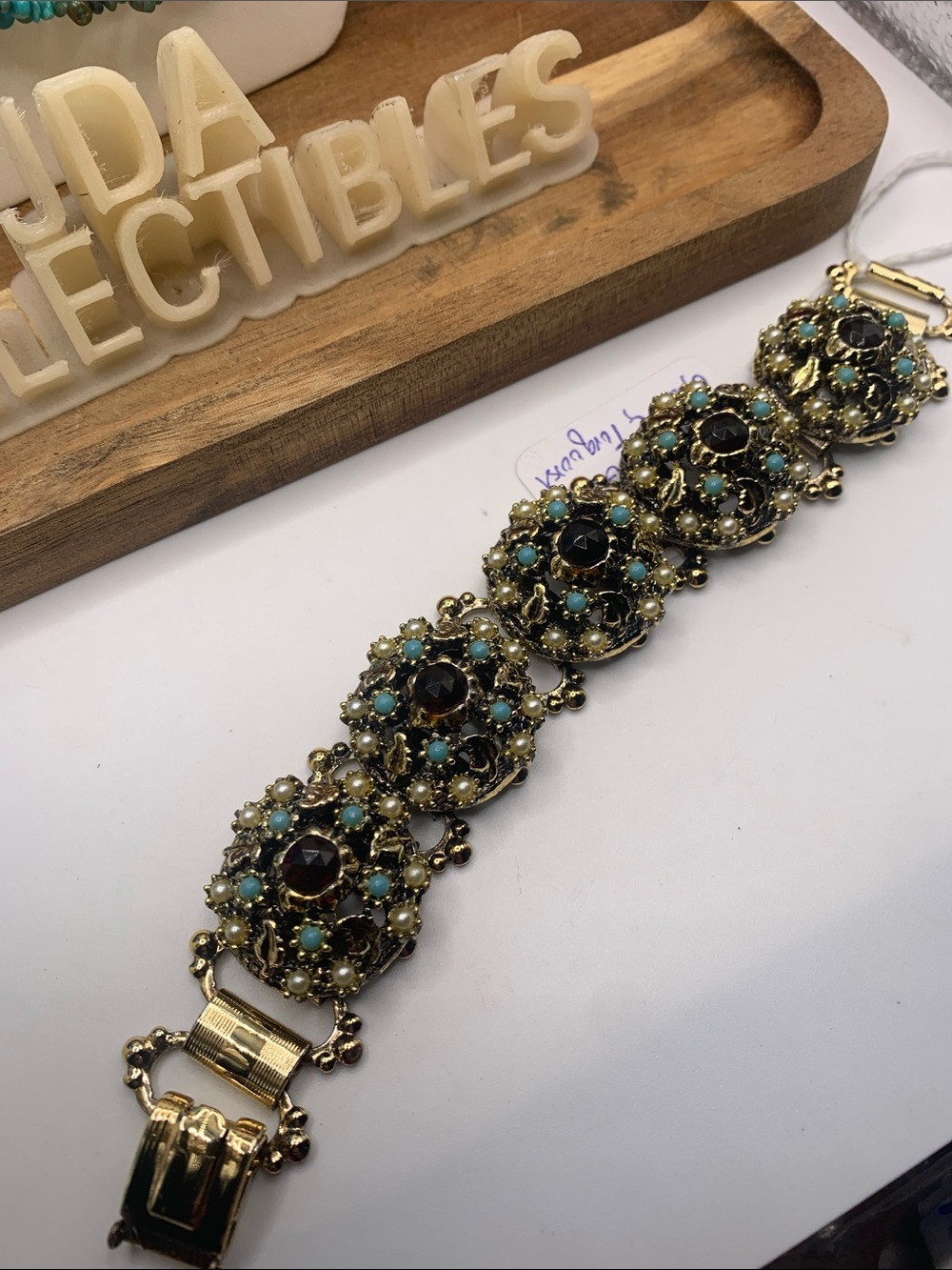 Victorian Revival Vintage Gold Faux Garnet, Opal and Turquoise 7” Bracelet
